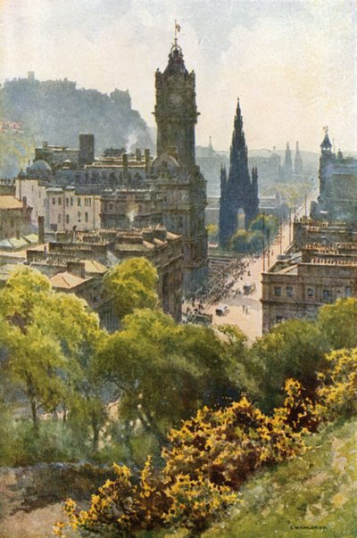 Princes Street fra Calton Hill (farve litho) af Ernest William Haslehust