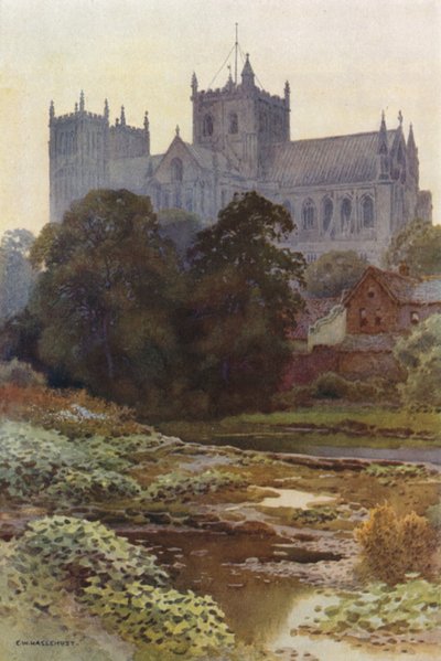 Ripon Minster fra floden (farve litho) af Ernest William Haslehust