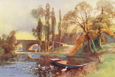 Themsen: Chertsey Bridge (farvelitografi) af Ernest William Haslehust