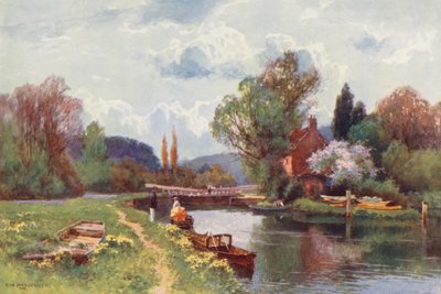 Themsen: Hurley Lock (farvelitografi) af Ernest William Haslehust