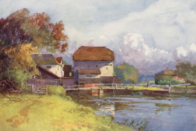 Themsen: Shiplake Mill (farvelitografi) af Ernest William Haslehust