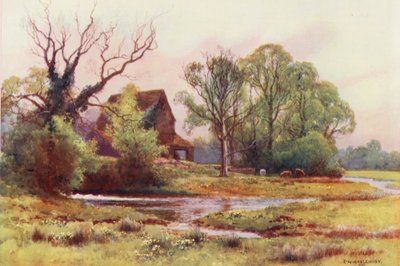 Themsen: Upper Somerford Mill (farvelitografi) af Ernest William Haslehust