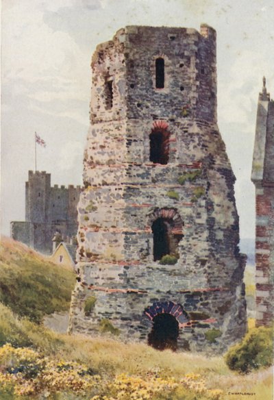 Roman Pharos, Dover Castle (farve litho) af Ernest William Haslehust