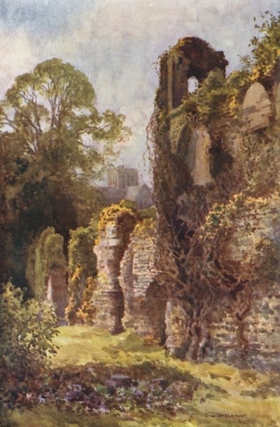 Ruinerne af Wolvesey Castle (farve litho) af Ernest William Haslehust