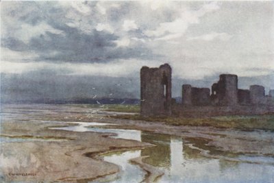 Sands of Dee, Flint Castle (farve litho) af Ernest William Haslehust
