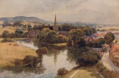 Stratford-on-Avon fra Memorial Theatre (farve litho) af Ernest William Haslehust