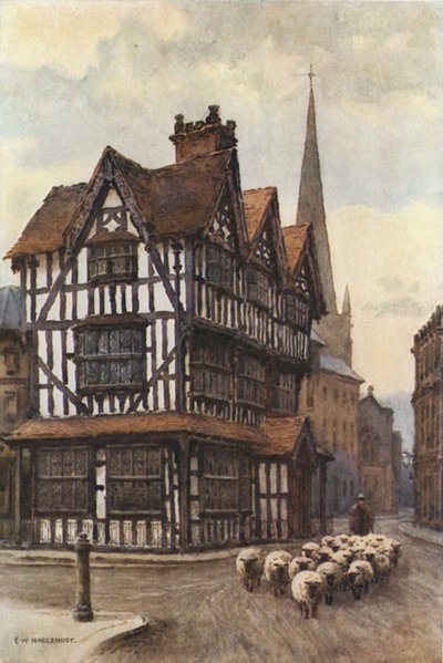 Det sort-hvide hus, High Town (farve litho) af Ernest William Haslehust