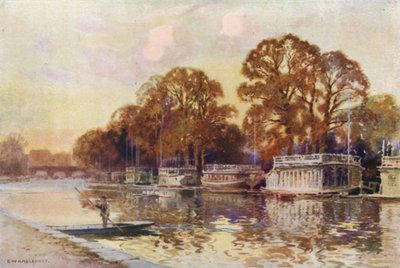 The College Barges and Folly Bridge (farve litho) af Ernest William Haslehust