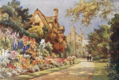 The Cottages, Worcester College Gardens (farve litho) af Ernest William Haslehust