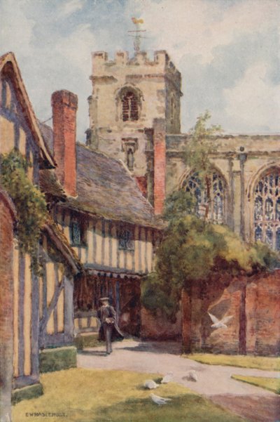 The Grammar School and Guild Chapel, Stratford-on-Avon (farve litho) af Ernest William Haslehust