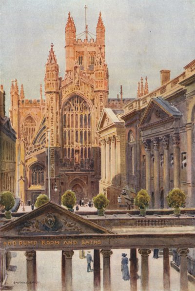 The Grand Pump-room and Abbey, Bath (farve litho) af Ernest William Haslehust