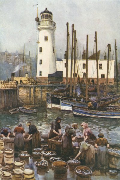Havnen i sildesæsonen (farve litho) af Ernest William Haslehust
