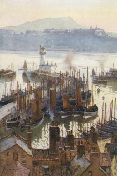 Havnen fra den gamle bydel (farve litho) af Ernest William Haslehust