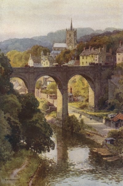 Den historiske gamle bydel i Knaresborough (farve litho) af Ernest William Haslehust