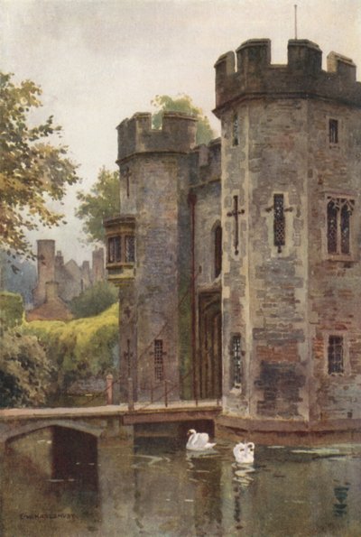 The Palace Gatehouse og Drawbridge, Wells (farve litho) af Ernest William Haslehust