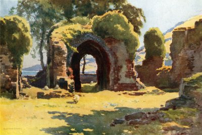 Ruinerne af Lindores Abbey (farve litho) af Ernest William Haslehust