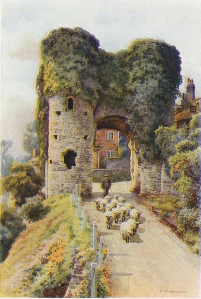 Strandporten, Winchelsea (farve litho) af Ernest William Haslehust