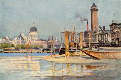 Themsen fra under Waterloo Bridge (farve litho) af Ernest William Haslehust
