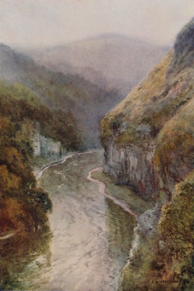 The Wye nær Cressbrook Dale (farve litho) af Ernest William Haslehust