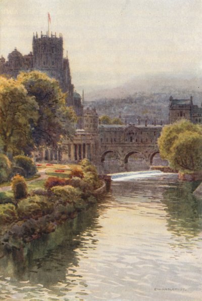 Udsigt fra North Parade Bridge, Bath (farve litho) af Ernest William Haslehust