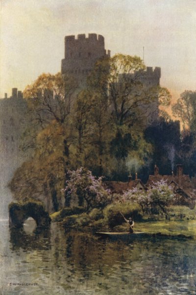 Warwick Castle fra floden (farve litho) af Ernest William Haslehust