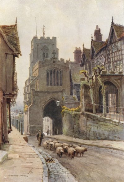 West Gate, Warwick (farve litho) af Ernest William Haslehust
