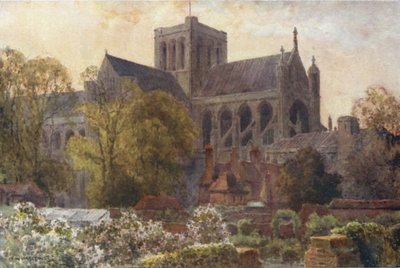 Winchester Cathedral fra Deanery Gardens (farve litho) af Ernest William Haslehust