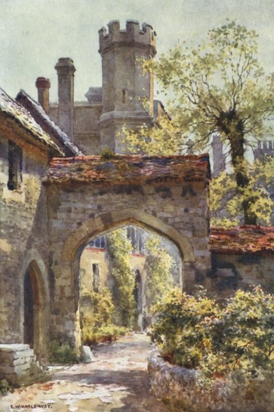 Winchester College: The Outer Gateway fra "Arcadia" (farve litho) af Ernest William Haslehust