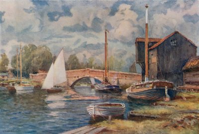 Wroxham Bridge (farve litho) af Ernest William Haslehust