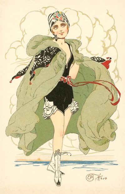 Smuk pige i flæset badedragt og kappe (farvelitografi) af Ernesto Bottaro