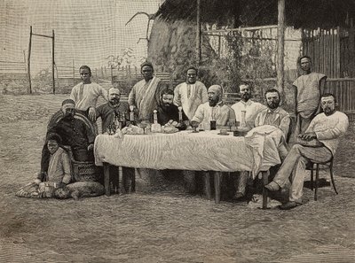 Anti-slaveri samfund banket på italiensk konsulat i Boma, Den Demokratiske Republik Congo, gravering af Ernesto Mancastropa fra fotografi af Giuseppe Corona, fra L