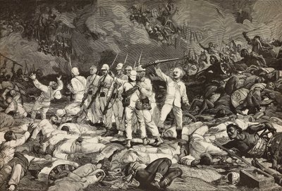 Slaget ved Dogali, sidste overlevende præsenterer våben, hilser faldne, Eritreansk krig, gravering af Ernesto Mancastroppa og Cantagalli fra tegning og komposition af Ludovico Pogliaghi, fra L