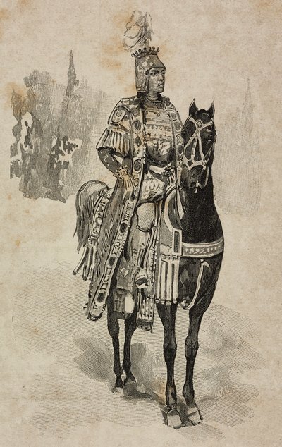 Hertug af Aosta Emanuele Filiberto af Savoyen i kostume af Umberto Biancamano ved Villa Borghese-turneringen i anledning af sølvbryllup af Umberto I og Margherita af Savoyen, Rom, Italien af Ernesto Mancastroppa