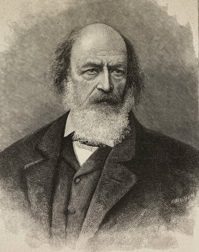 Portræt af Alfred Tennyson (1809-1892), britisk digter, gravering af Ernesto Mancastroppa fra fotografi af Barraud, fra L