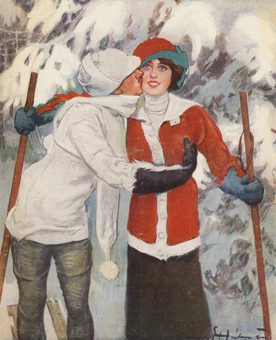 Par skiløb om vinteren (farve litho) af Ernst (after) Heilemann