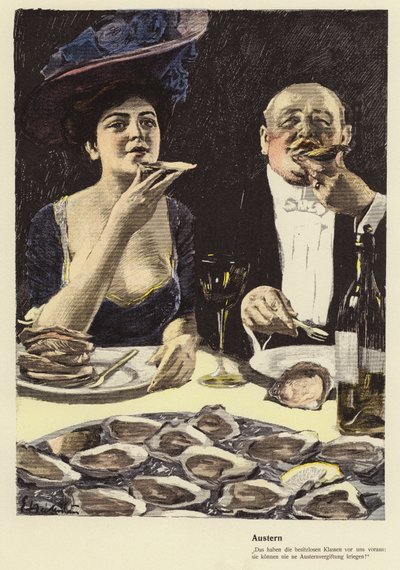 Spise østers på en restaurant (farve litho) af Ernst (after) Heilemann
