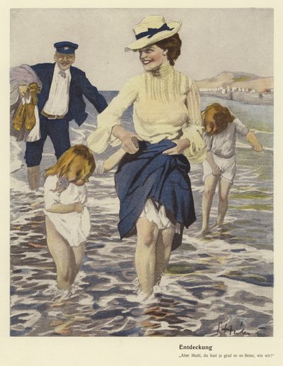 Familie ved havet (farve litho) af Ernst (after) Heilemann