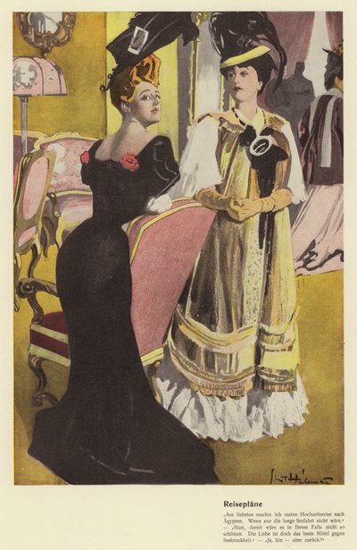 To kvinder diskuterer ferierejseplaner (farve litho) af Ernst (after) Heilemann