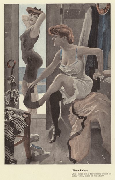 To kvinder i omklædningsrummet ved et svømmebad (farve litho) af Ernst (after) Heilemann