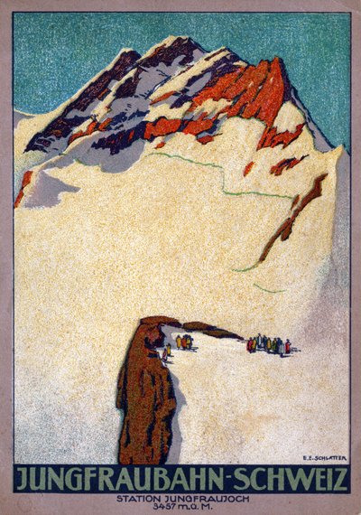 Jungfraujoch, bjergtop i de schweiziske alper. ca. 1920-30 (illustration) af Ernst Emil Schlatter