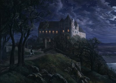 Slot Scharfenberg om natten, 1827 af Ernst Ferdinand Oehme
