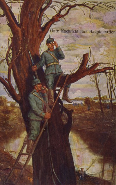 Gode nyheder til hovedkvarteret, tyske soldater observerer slagmarken og rapporterer til hovedkvarteret via en felttelefon, Første Verdenskrig, 1915 af Ernst Heilemann