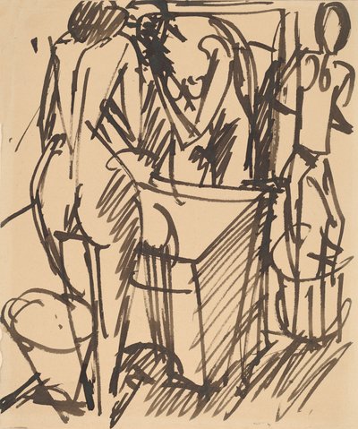 Nøgen med et spejl, stående foran et vaskebord, 1908-1910. af Ernst Ludwig Kirchner