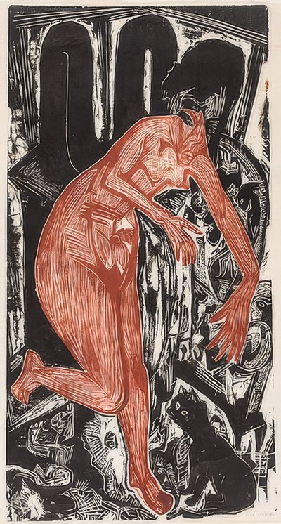 Kvinde bader ved komfuret. 1919 af Ernst Ludwig Kirchner