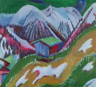 Bjerglandskab med en alpehytte. Omkring 1922 af Ernst Ludwig Kirchner