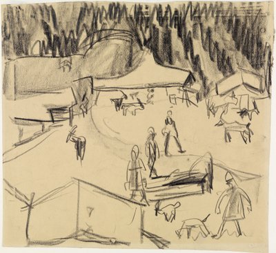 Bjerglandsby (Staffelalp) med hyrder og geder af Ernst Ludwig Kirchner