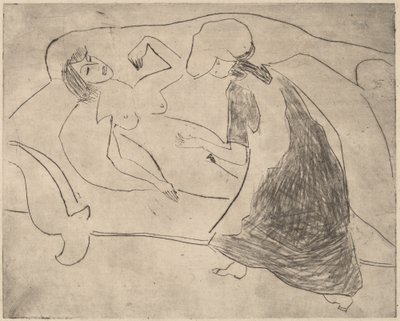 Pige, med en anden, der gnider hendes mave af Ernst Ludwig Kirchner