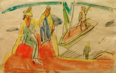 Folk og båd på stranden af Ernst Ludwig Kirchner