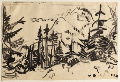 Bjerglandskab med grantræer af Ernst Ludwig Kirchner