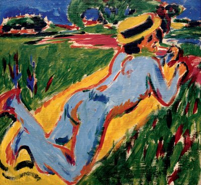 Nu bleu sover i stråhat. Værk af Ernst Ludwig Kirchner (1880-1938), olie på pap af Ernst Ludwig Kirchner